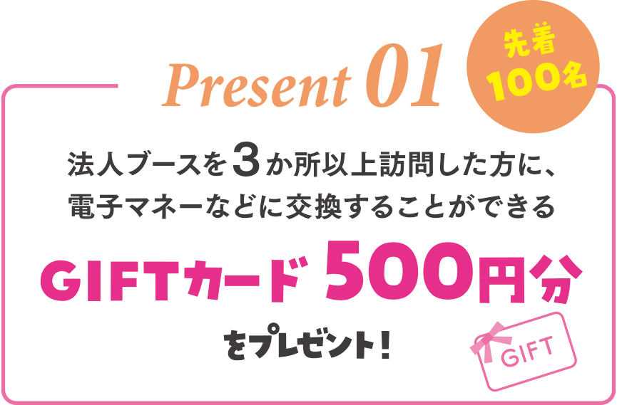 Present 01（先着100名）法人ブースを3か所以上訪問した方に、電子マネーなどに交換することができるGIFTカード500円分をプレゼント！